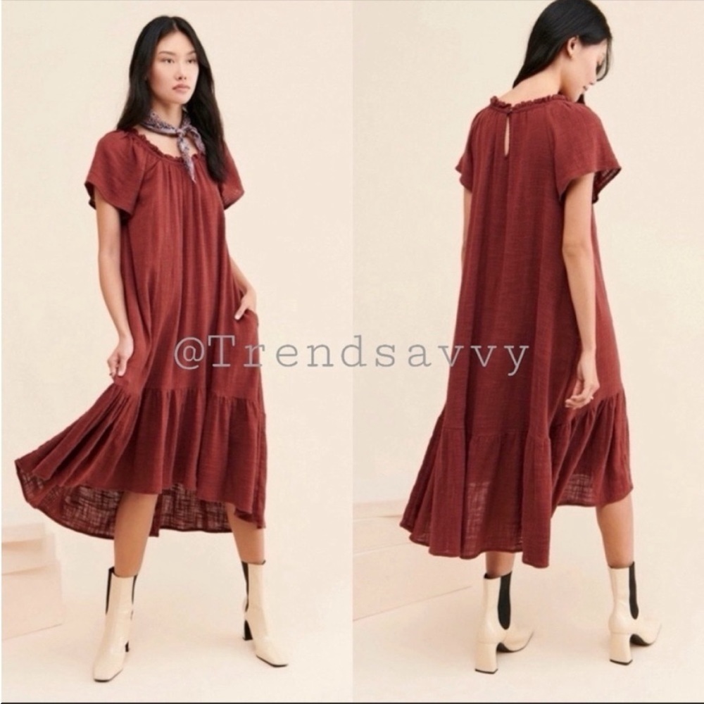 Anthropologie Maeve Selah High Low Maxi Dress Brown Ruffle Hem Size XS NWT